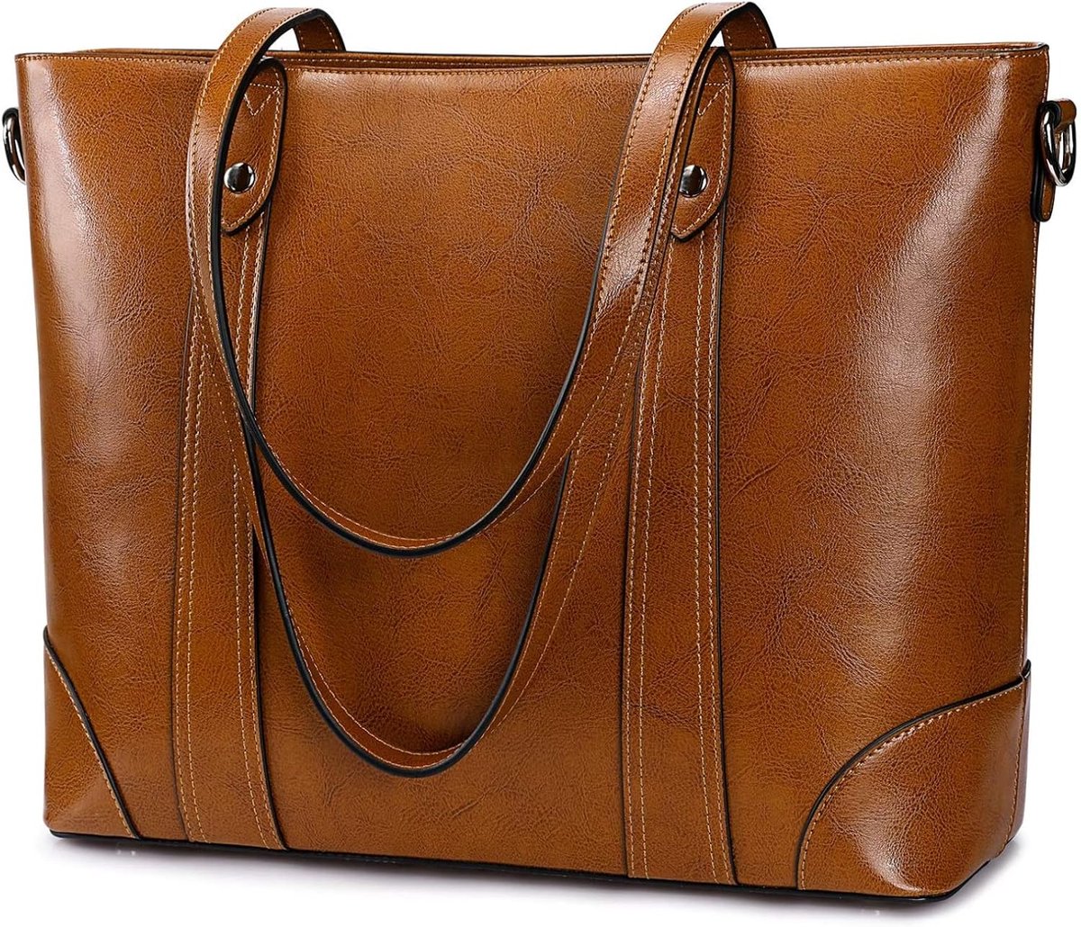 Lederen draagtas voor vrouwen kantoor schouder handtas 15,6 inch werk laptop aktetas
