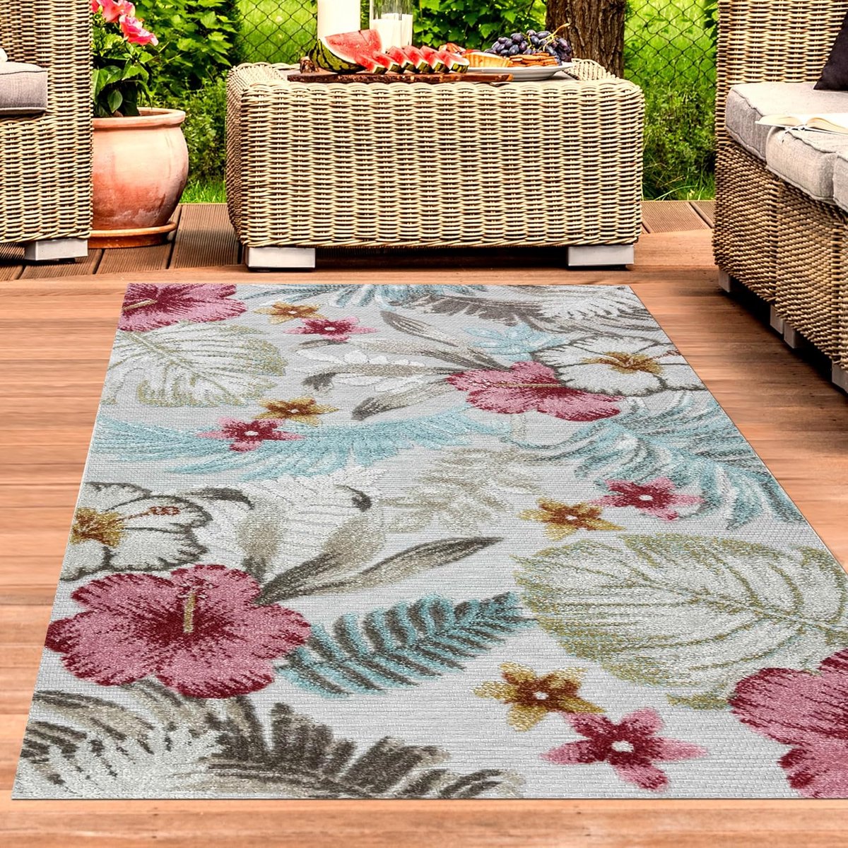 Groot tapijt voor buiten, weerbestendig, met natuurmotief, bladeren, robuust, terras, woonkamer, tuin, camping, crème, kleurrijk, 200 x 290 cm
