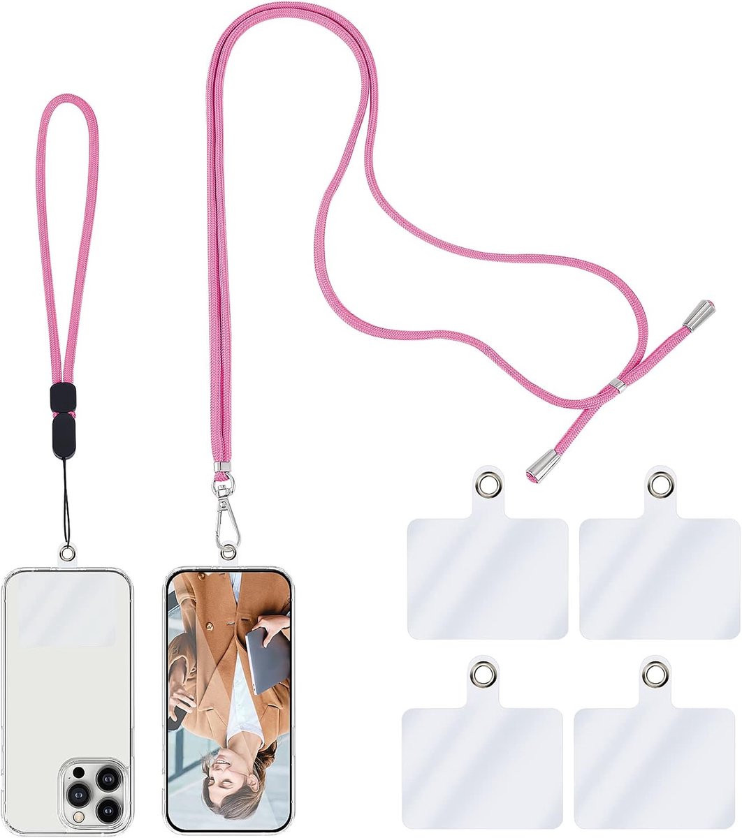 Universeel sleutelkoord voor mobiele telefoon, crossbody sleutelkoord met verstelbare nylon nekband, 4 telefoonpatches voor de meeste smartphones (roze)