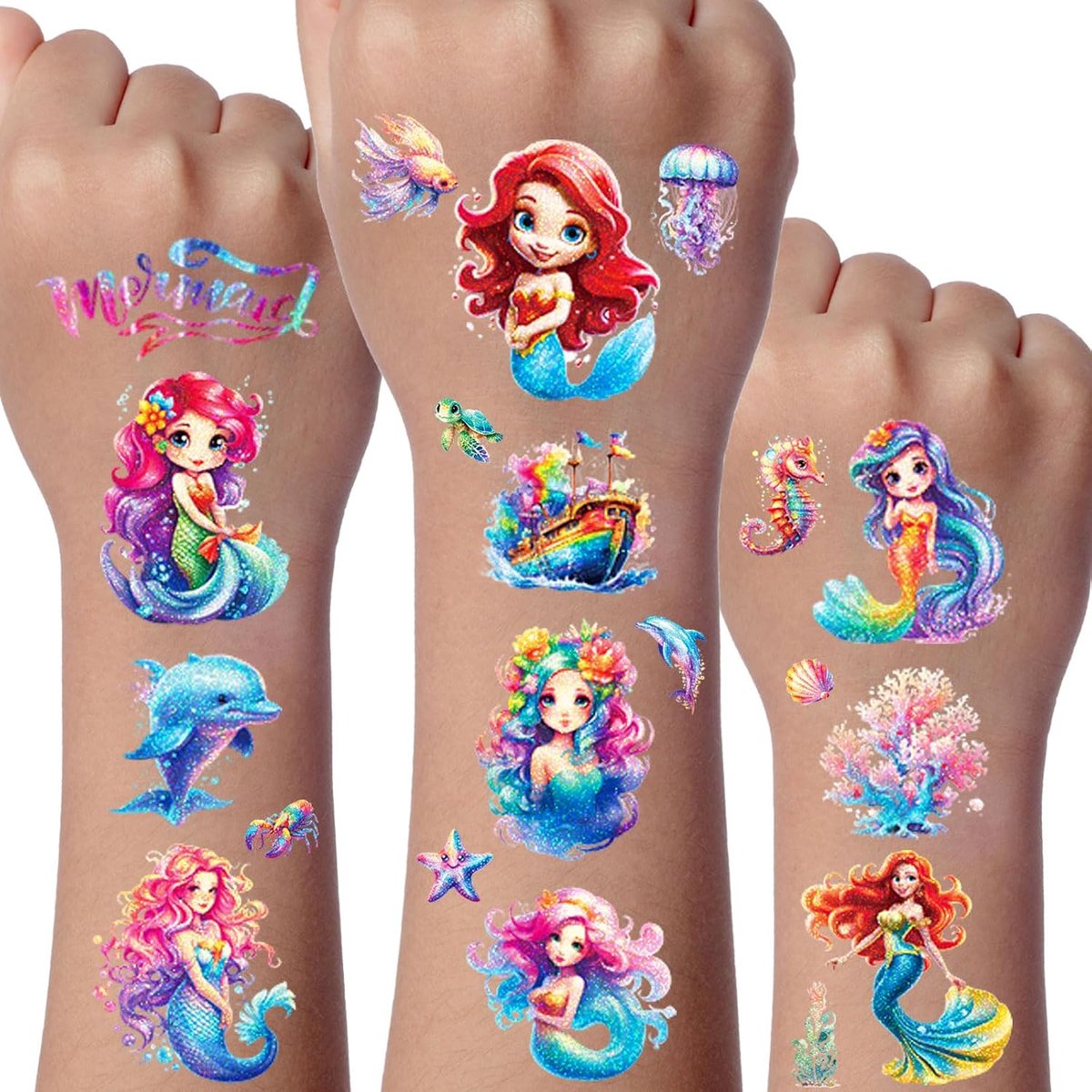 Glitter Tattoo Set, 12 Vellen Zeemeermin Tijdelijke Tatoeages voor Kinderen, Waterdichte Nep Tatoegeringsreeks Met, Feestdecoratie, Tatoeagestickers voor Gongens en Meisjes