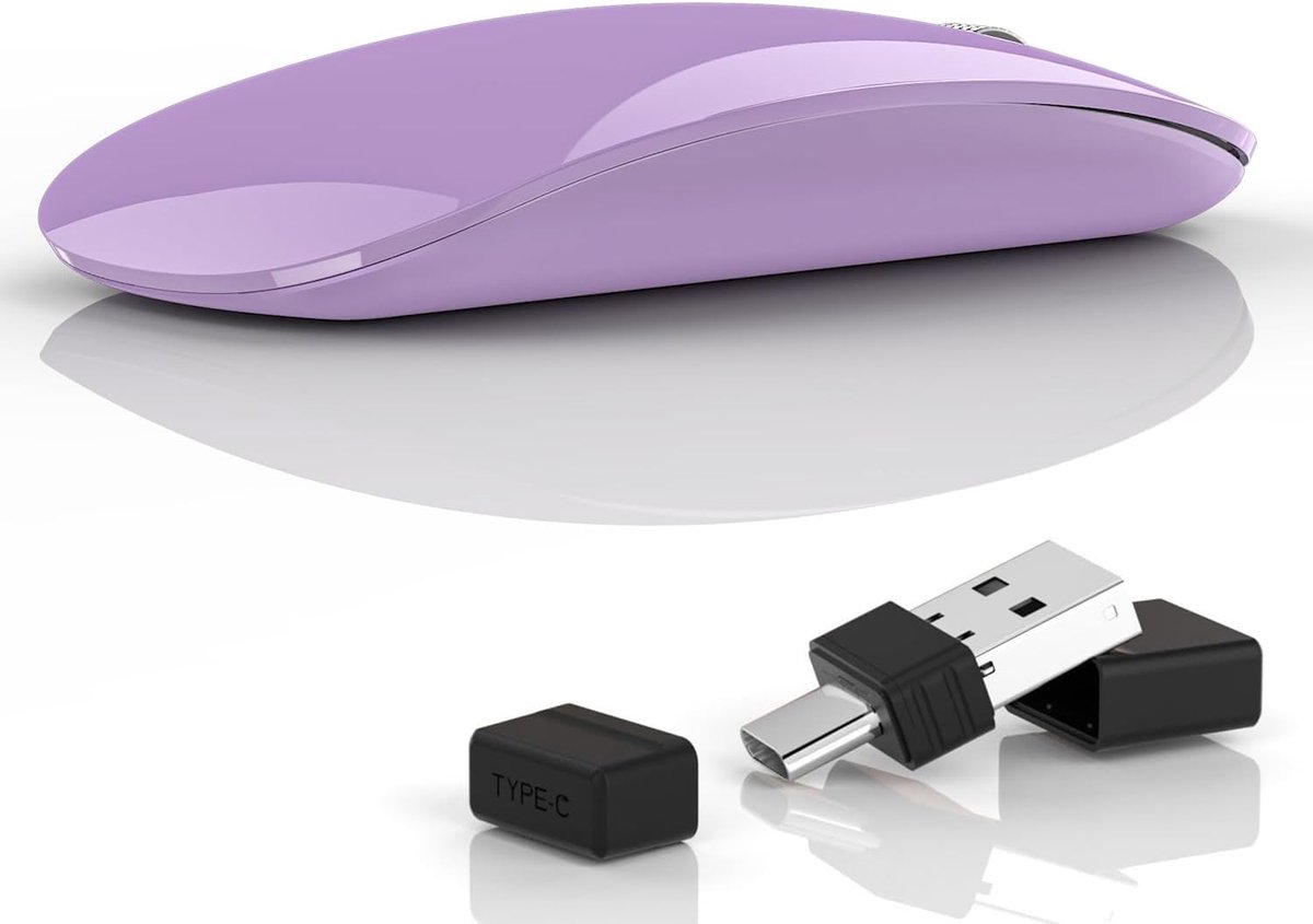 G11 Draadloze muis, 2,4 GHz draadloze muis met USB-nano-ontvanger en type-C-ontvanger, stille draadloze muis, USB C, oplaadbaar voor laptop, pc, Mac- Paars