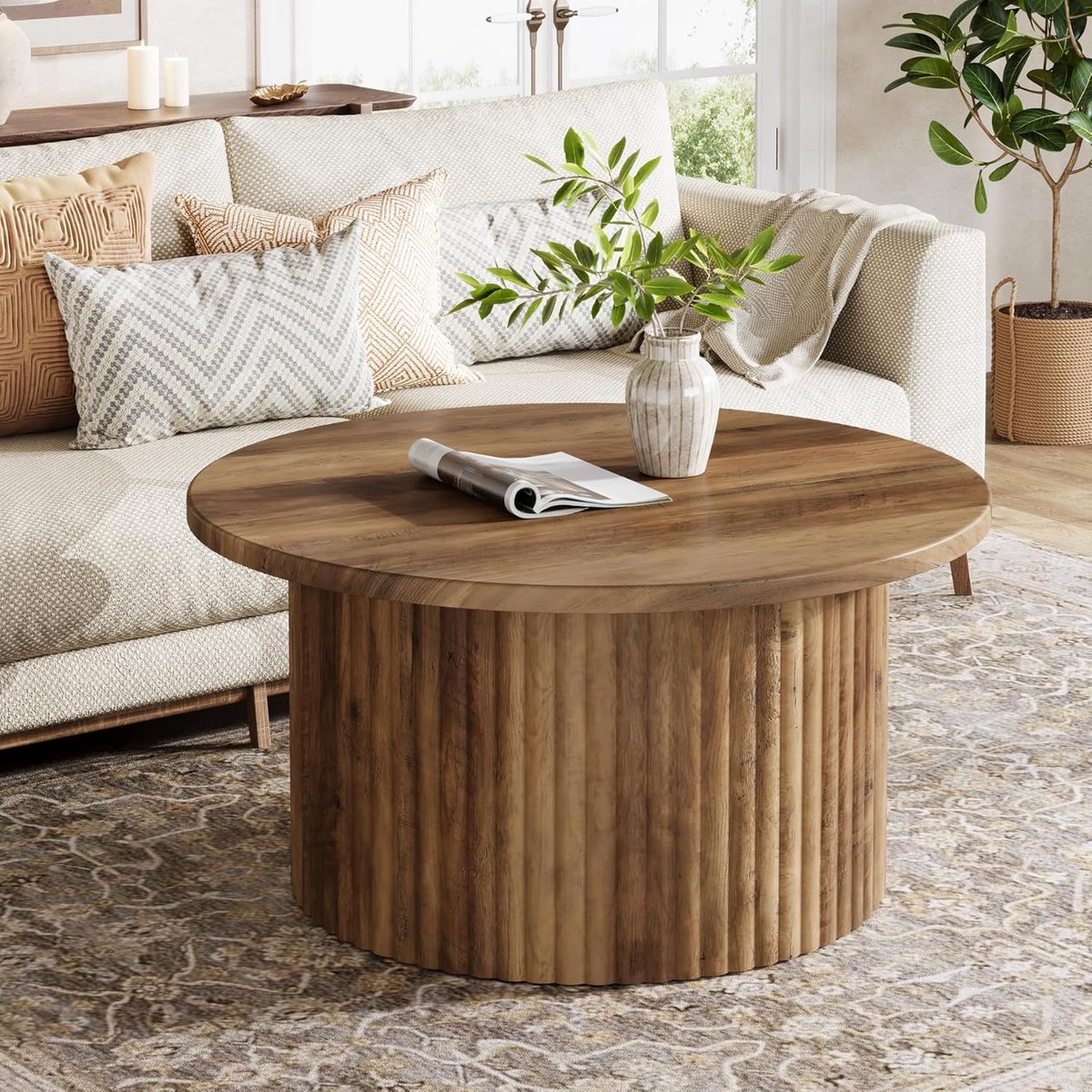 80 cm ronde salontafel, boerenhuis-cirkel-middentafel met stabiele metalen voet, moderne accent-salontafel voor woonkamer, houtnerf, fineerplaat