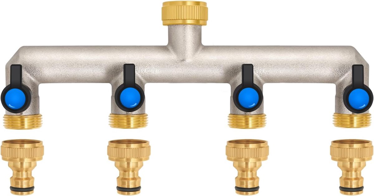 4-weg waterkraan waterverdeler van messing voor 4 apparaten/tuinslangen, 4-delige verdeler 3/4" adapter 1/2" met kogelkraan voor het instellen en afsluiten van de waterstroom