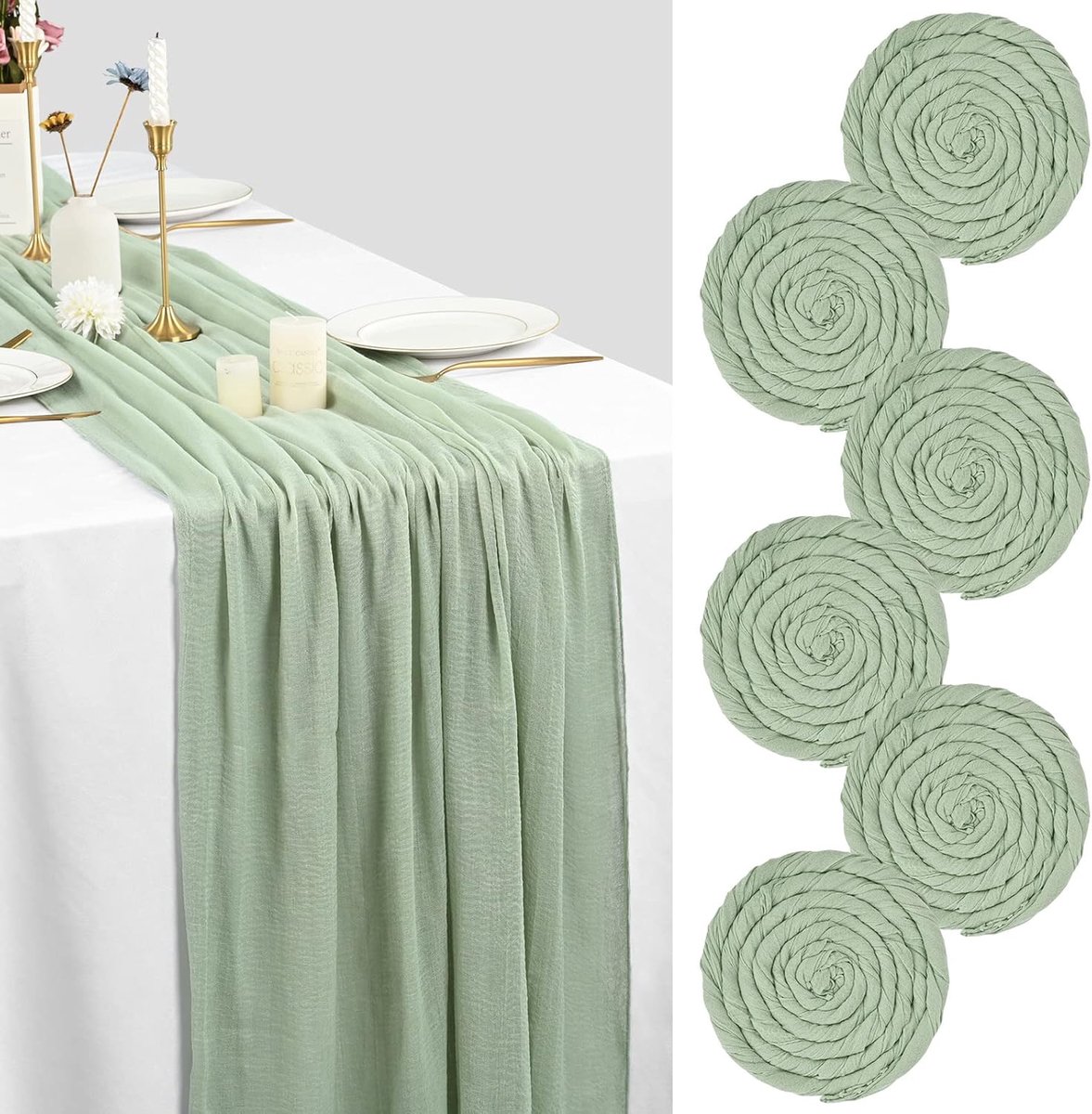6 verpakkingen saliegroen kaasdoek tafelloper, 3 meter kaasdoek gaas tafelkleed 80 x 300 cm, rustieke gaasstof, boho-tafelloper, voor bruiloften, bruidsfeestdecoraties