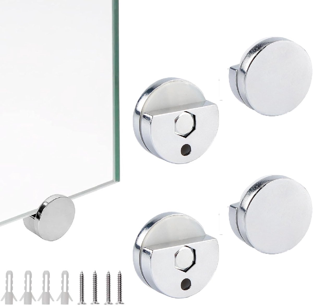 4 stuks haken voor wandspiegelclip, glashouder, clip van zinklegering, wandbevestigingsset voor spiegels en 5 mm dik glas, met pluggen en schroeven