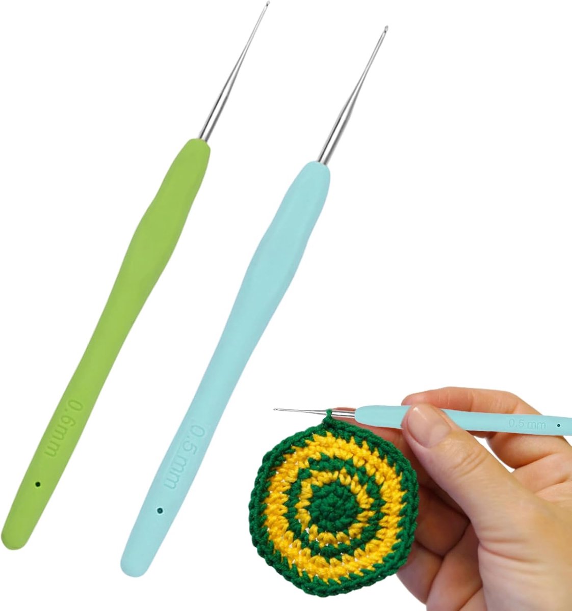 Haaknaalden, 2 stuks, 0,5 mm, 0,6 mm, dun, voor kant en dun | Zachte handgreep, ultrafijne haaknaaldenset, haaknaalden, kleinste maat, haaknaaldenset ergonomisch