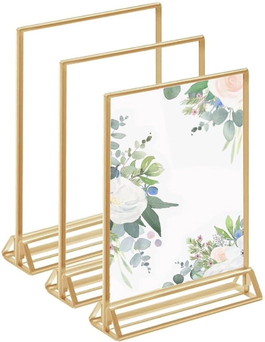 acryl bordenhouder 3 stuks goud dubbelzijdig frame transparante posterstandaard tafelkaarthouder voor bruiloft tafelnummers