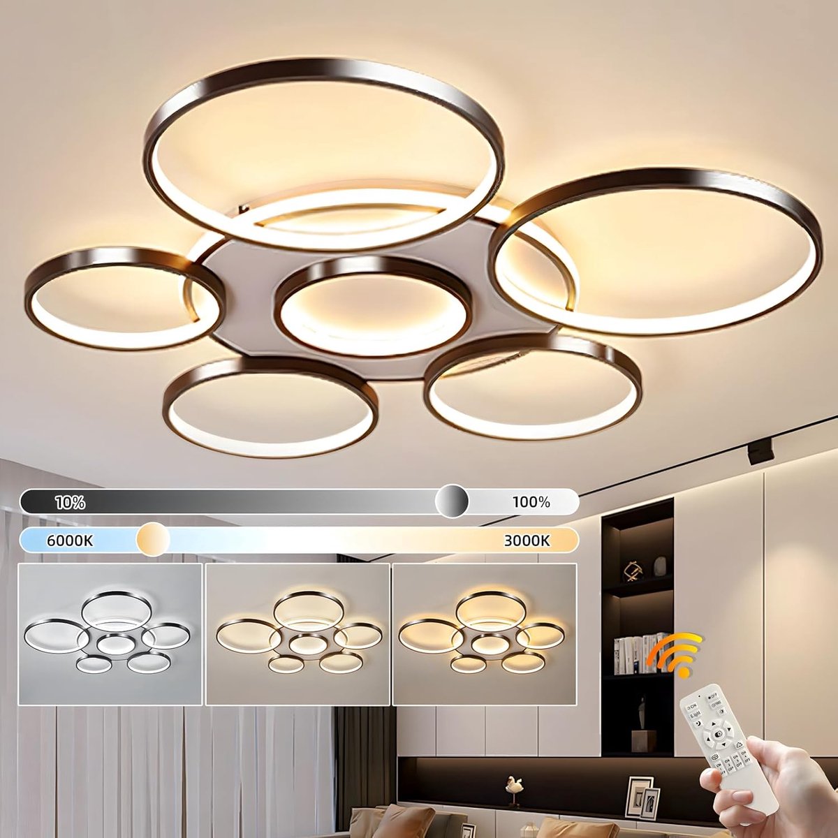 LED Plafondlamp, Ø110cm Zwarte Multi-Cirkellamp, 120W Traploos Dimbaar 3000-6000K, Rond Metaal + Acryl Kroonluchter, Slaapkamer Wonen Kinderen Kantoor Studeerkeuken Hal (7 Ringen)