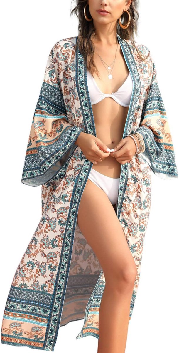 Dames-kimono, knielange strandjurk, zomerjurk, bikini cover-up., lichtblauw 2, Eén maat