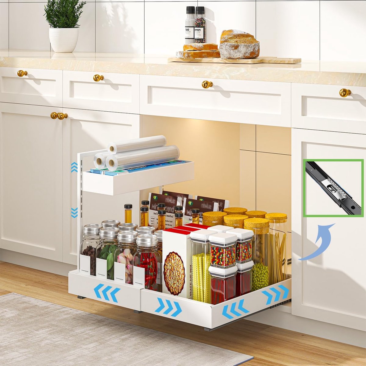 SnelShoppen - 2-Laags Uittrekbaar Onder De Gootsteen Opbergrek, Multifunctionele Keuken- en Badkamer Organizer, Kruideniersrek, Wit, Ruimtebesparend