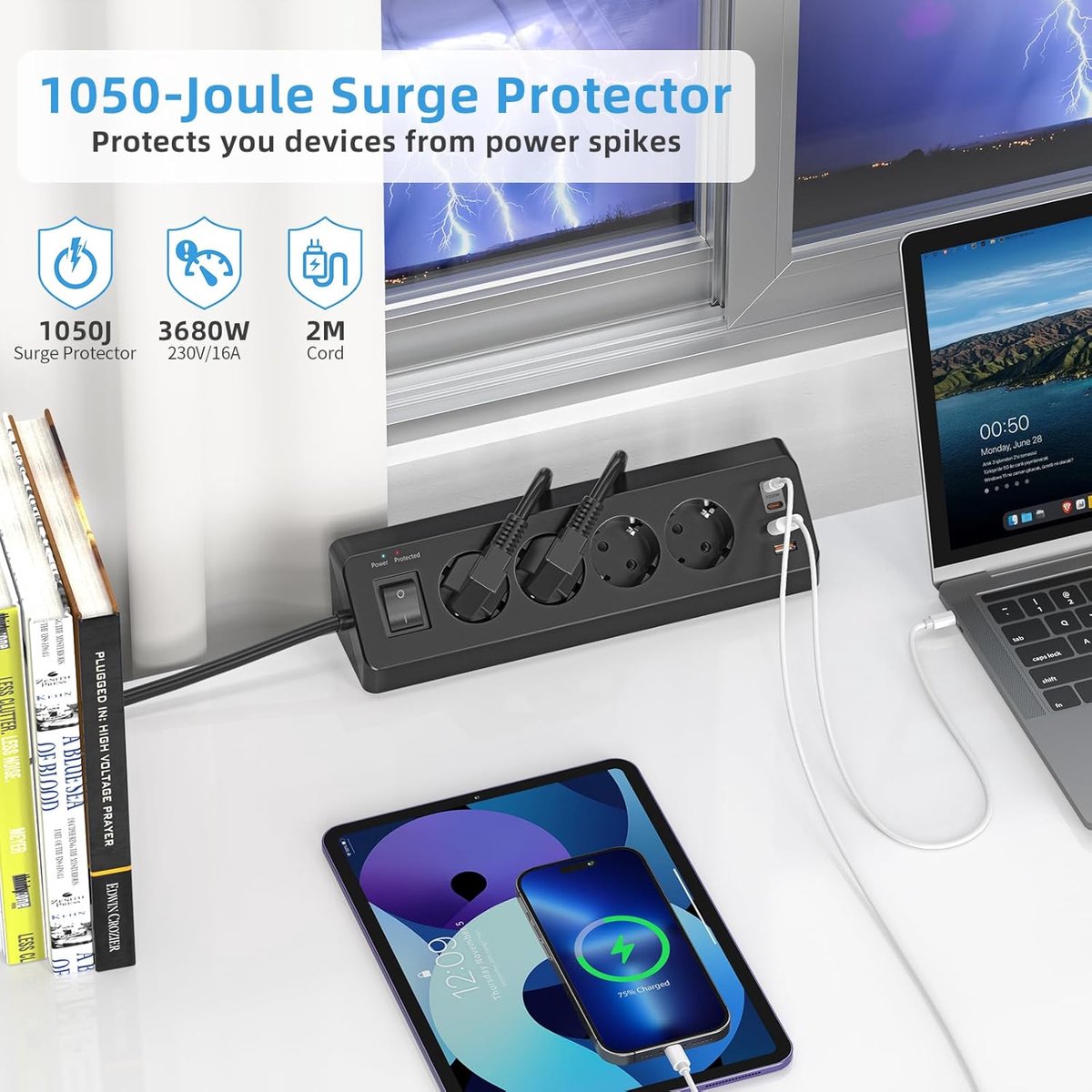 SnelShoppen - Tafelstopcontact met USB C (PD 20W) - 8-in-1 Stekkerdoos met Schakelaar - 4-voudig Stopcontact, 4 USB Poorten - Overspanningsbeveiliging