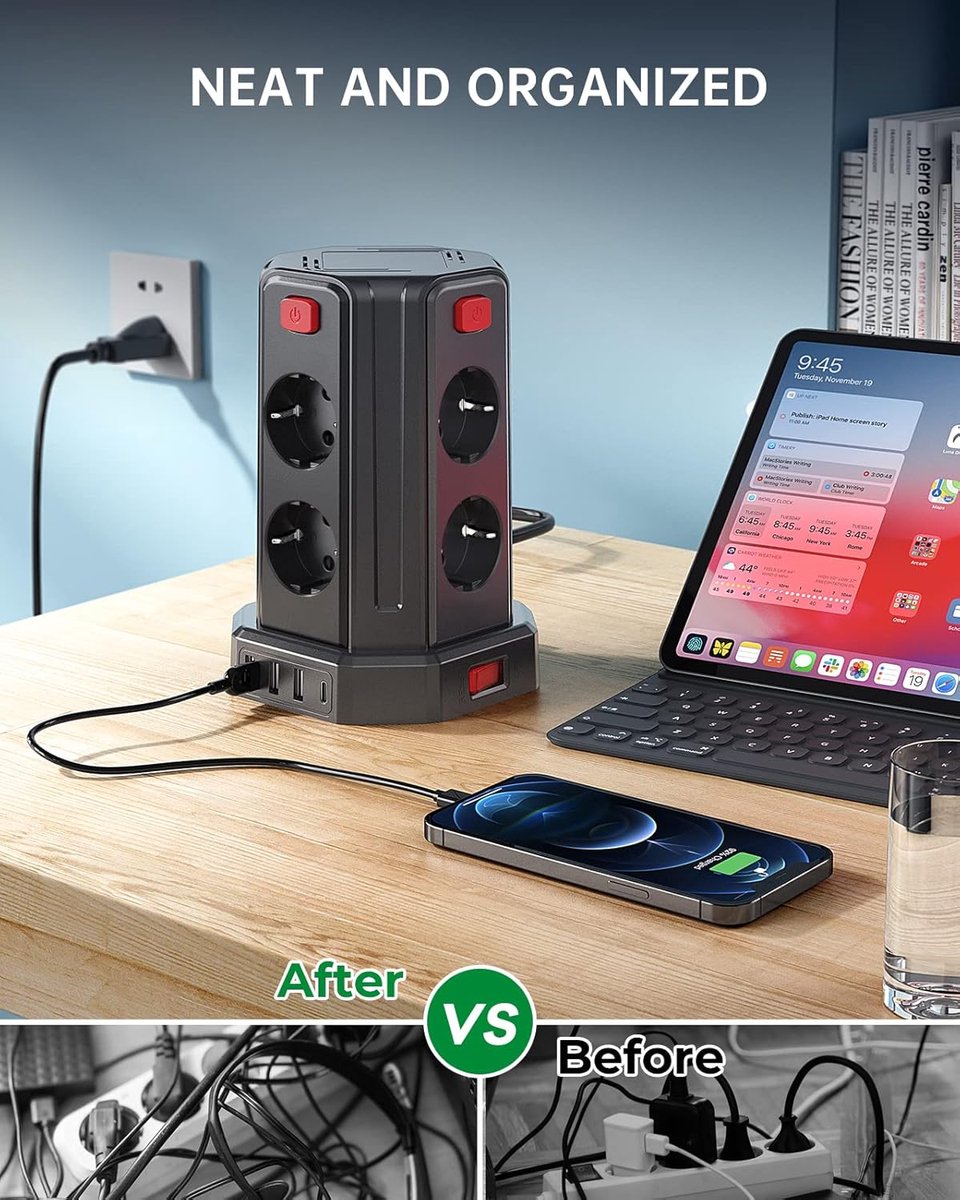 Thijox - Stekkerdoos 2 m met 4 USB-poorten, 8-voudig stopcontact, overspanningsbeveiliging, 4 aparte schakelaars, verlengkabel voor thuis, kantoor, fe
