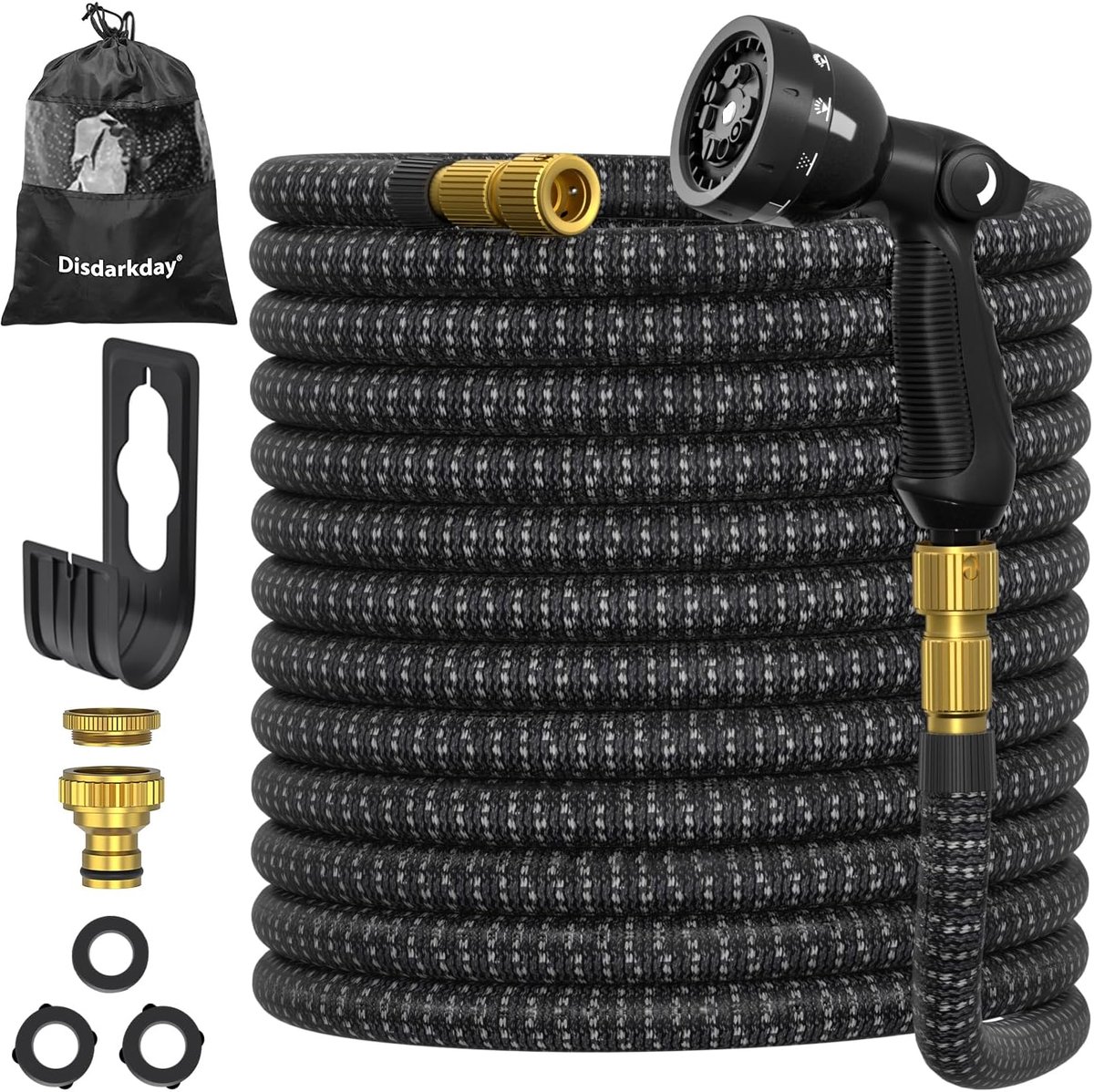 Thijox - Flexibele Tuinslang 15 m Uittrekbare Slang met 10 Functiesproeiers - Lichte Doucheslang met 3/4 en 1/2 Inch 3-laagse Latexkern - Zwart voor T