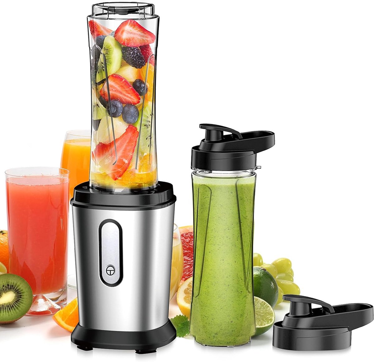 Thijox - Mixer, 500 W Mini-Blender & Smoothiemaker met 2 x 600 ml Flessen, BPA-vrij Tritan, Draagbare Mixer van Roestvrij Staal, 4 Bladen voor Smoothi