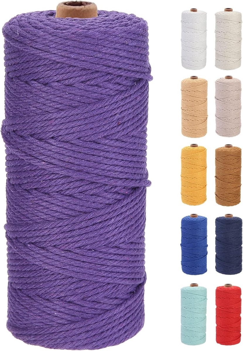 Premium Katoenen Macrame Touw 3mm x 100m - Zacht, Twisted en Chemievrij voor Macrame Creaties, Knutselen en DIY Projecten (Paars)