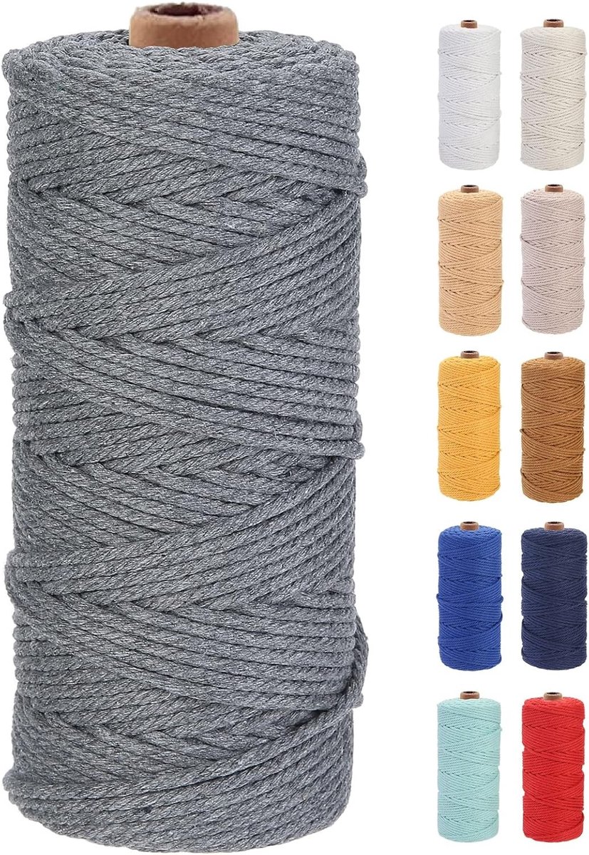 Premium Katoenen Macrametouw 3mm x 100m, 4 Strengen, Gedraaid, Zacht Katoen, Ideaal voor Macrame Kunst en Handwerk, Donkergrijs