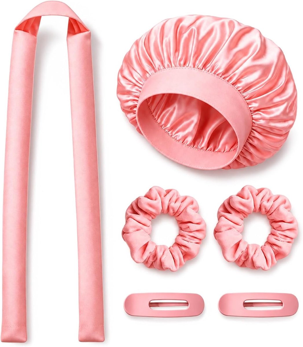 Set voor Heatless Curling met Satijnen Slaapmuts en Scrunchies - Natuurlijke Golven en Krullen zonder Hitte - Lichtroze Haaraccessoires voor Mooi Haar