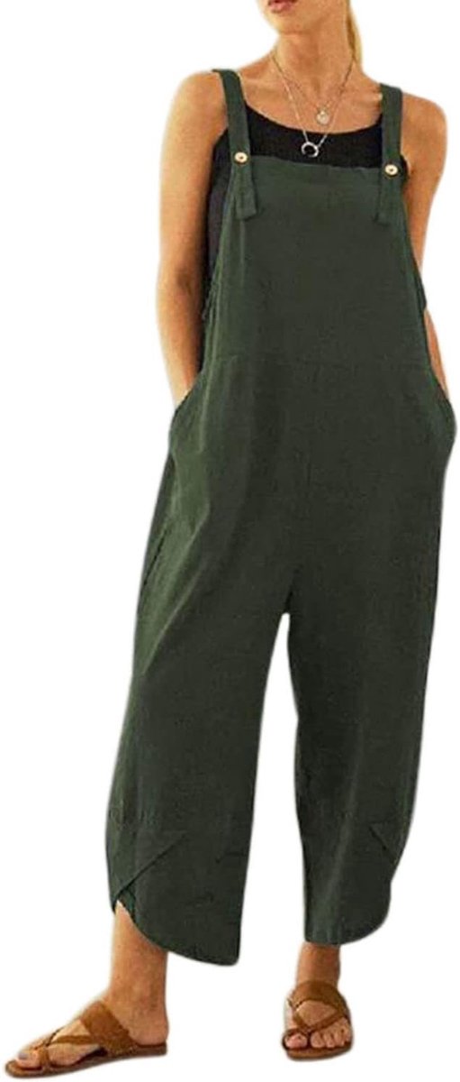 Zomerse Katoenen Linnen Draagbare Overall Jumpsuit voor Dames met Ruime Pasvorm en Praktische Zakjes, Verstelbaar en Comfortabel