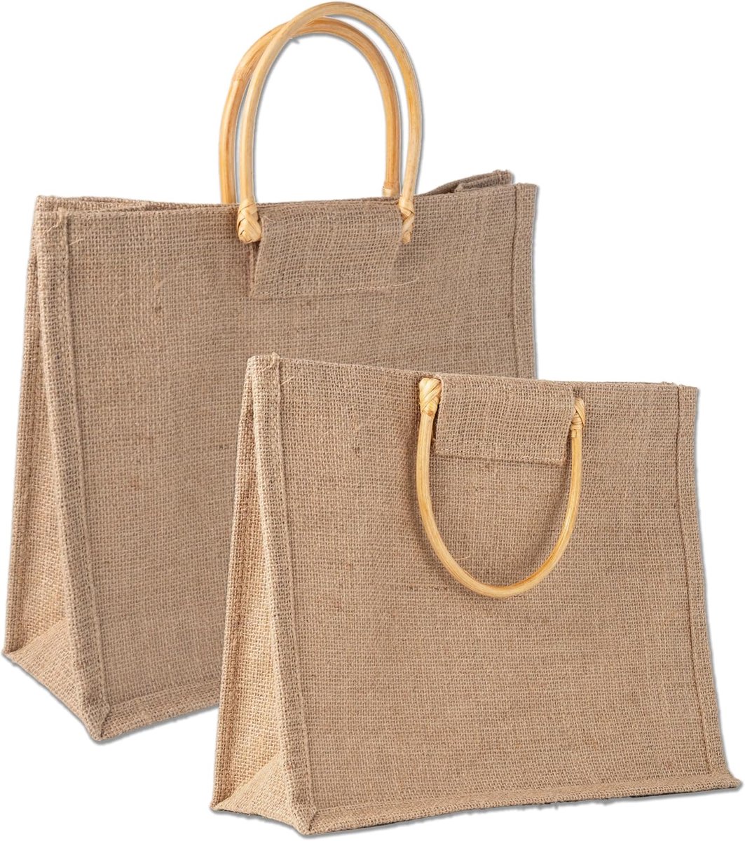 Thijox - 2 x Jute Shopper Tas met Houten Handgrepen - Duurzame Winkeltas voor Boodschappen, Strand en Vrije Tijd - Retro Design 35 x 30 cm