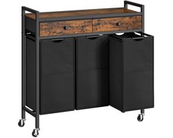 Home & Beyond® Wasmandkast met 3 Vakken en Lades - Wassorteerder op Wielen met Uitneembare Waszakken - Zwart en Vintage Houtlook - 84 x 30 x 96 cm
