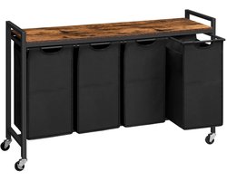 Home & Beyond® Wassorteerder met 4 Vakken en Bovenblad - Wasmand op Wielen met Uitneembare Waszakken - Zwart en Vintage Houtlook - 110,5 x 33 x 74,5 cm