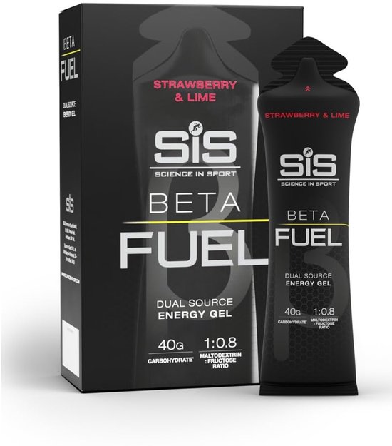Zwarte SiS Beta Fuel dual source energiegel verpakking met aardbei & limoen smaak.