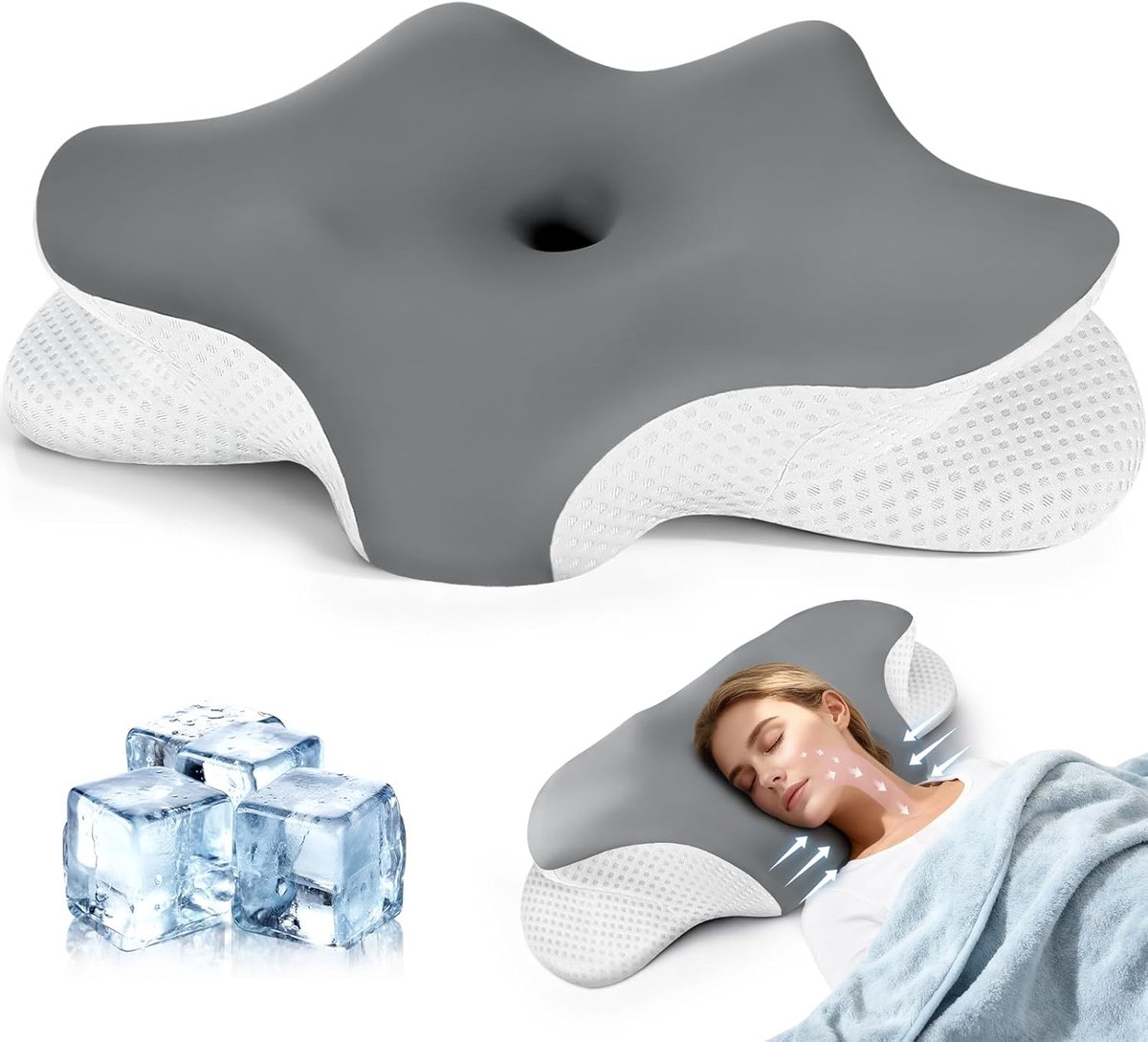 SnelShoppen - Ergonomisch Nekkussen, Memory Foam Kussen voor Zij-, Rug- en Buikslapers, 2 Verwijderbare Hoesjes, Grijs, Perfect voor Thuis en Op Reis