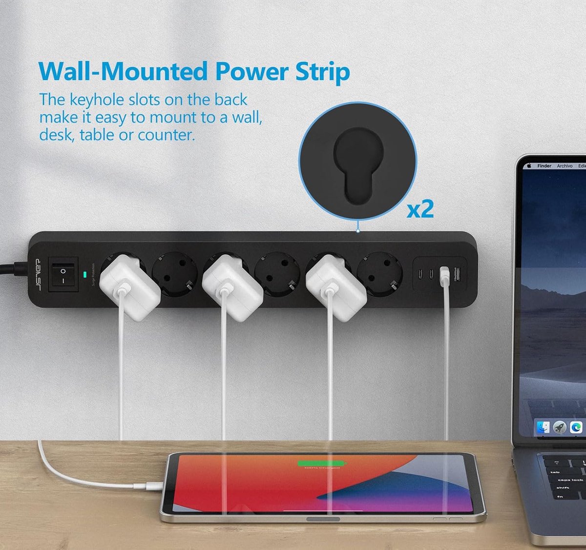 SnelShoppen - Power Strip 6-Voudig met 2M Kabel, USB A & C, Stekkerdoos met Overspanningsbeveiliging, Zwart voor Thuis, Kantoor & Reizen