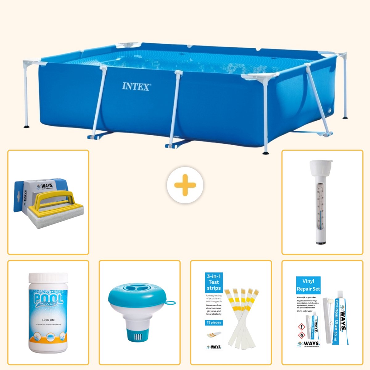Intex Rechthoekig Frame Zwembad - 220 x 150 x 60 cm - Blauw - Inclusief Chloor - Chloordrijver - Testrips - Reparatiesetje - Scrubborstel - Thermometer - 7-delig