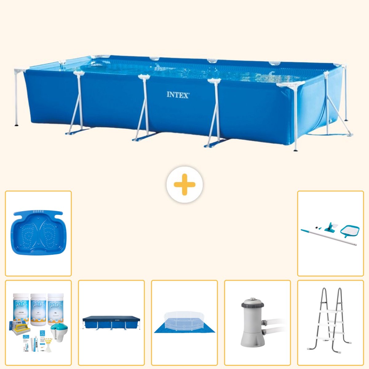 Intex Rechthoekig Frame Zwembad - 450 x 220 x 84 cm - Blauw - Inclusief Onderhoudspakket - Afdekzeil - Grondzeil - Zwembadfilterpomp - Voetenbad - Ladder - Schoonmaakset - 8-delig