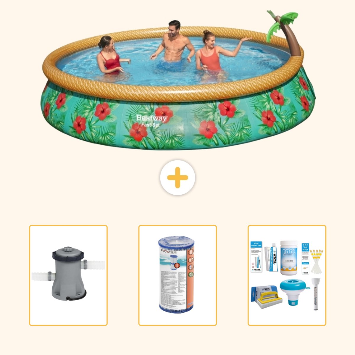 Bestway Rond Opblaasbaar Fast Set Zwembad - Paradijsprint - 457 x 84 cm - Inclusief Pomp - Filter - Onderhoudspakket - 4-delig