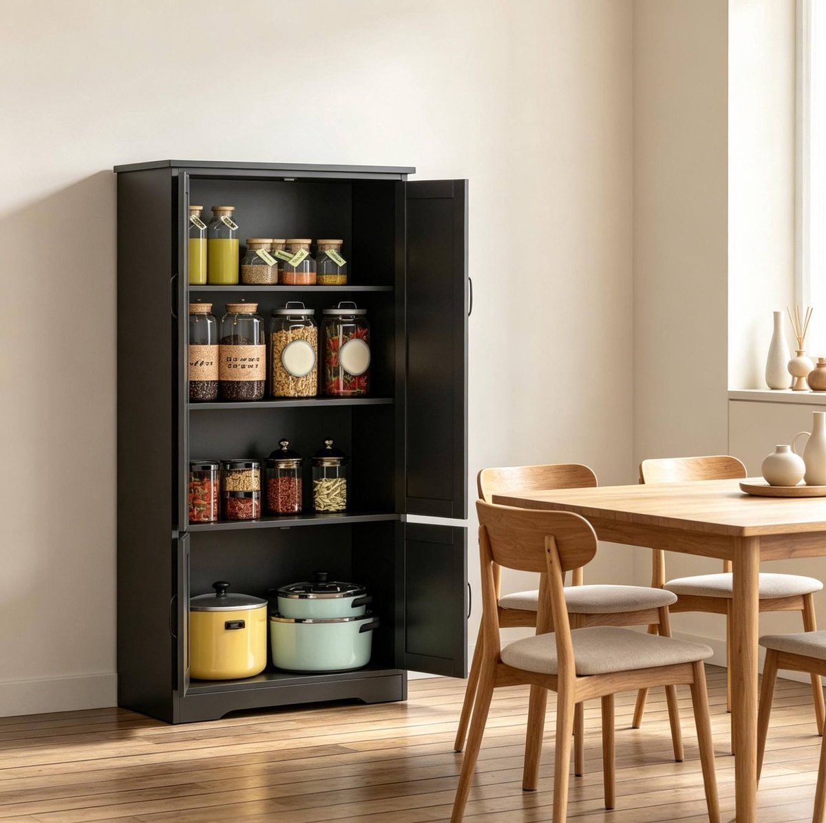 OKWISH Keukenkast - Moderne Opbergkast Met 2 Deuren En 3 Legplanken - 60 x 30 x 123 cm - Antikantelbeveiliging - MDF Zwart