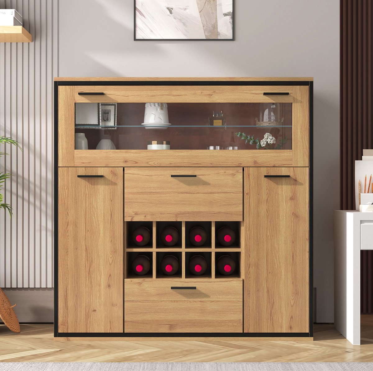 COVREO dressoir 110x38x111 cm - met 2 deuren, wijnrek, glasvak en LED-verlichting