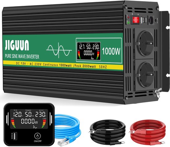 Thijox - 1000W/2000W Omvormer 12V naar 230V Zuivere Sinus Converter met Afstandsbediening, LCD-scherm, 2 EU-stopcontacten & 1 USB-poort voor Auto, Cam