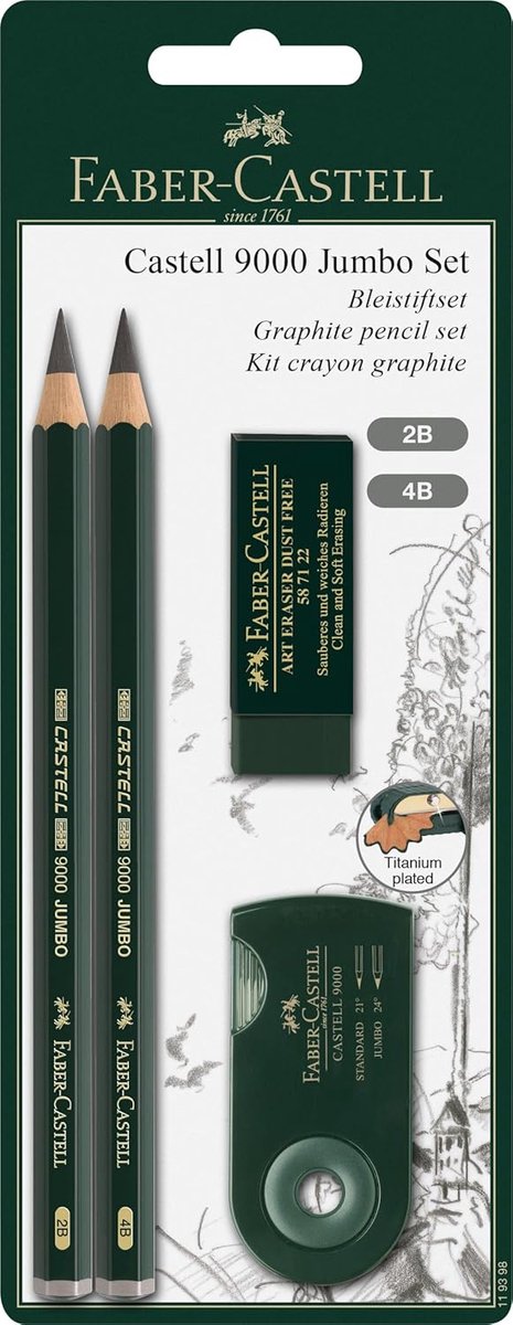Thijox - Potloodset Castell 9000 Jumbo - 2 Potloden, 1 Gum, 1 Puntenslijper - Groen - Perfect voor Schrijven, Tekenen en Kunstprojecten
