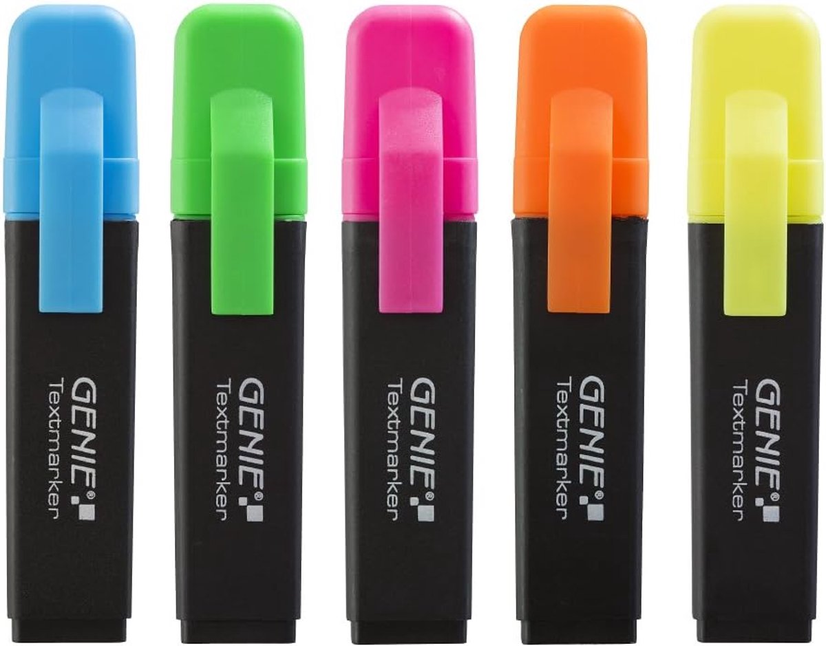 Thijox - Markeer Stiften Set van 5 Neon Kleurige Lijnmarkeerders met Wigpunt - Geel, Oranje, Roze, Blauw, Groen - Lijnbreedte 1-5 mm - Perfect voor Sc