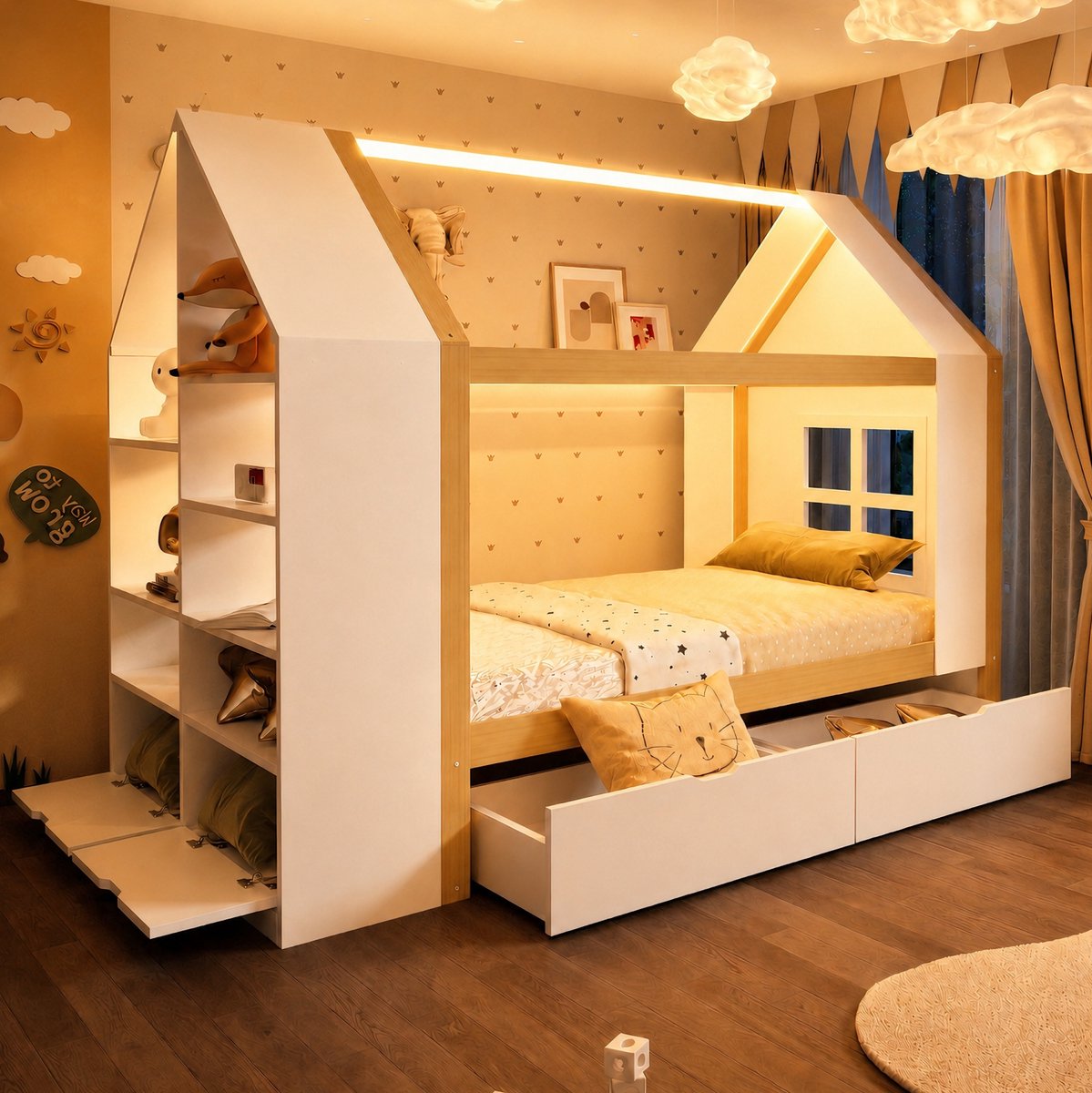 OKWISH Kinderbed 90x200 cm - Huisvorm Met Led en Opbergruimte - Met 2 Laden en Zijvakken - Zonder Matras - Massief Hout en MDF - Wit Naturel