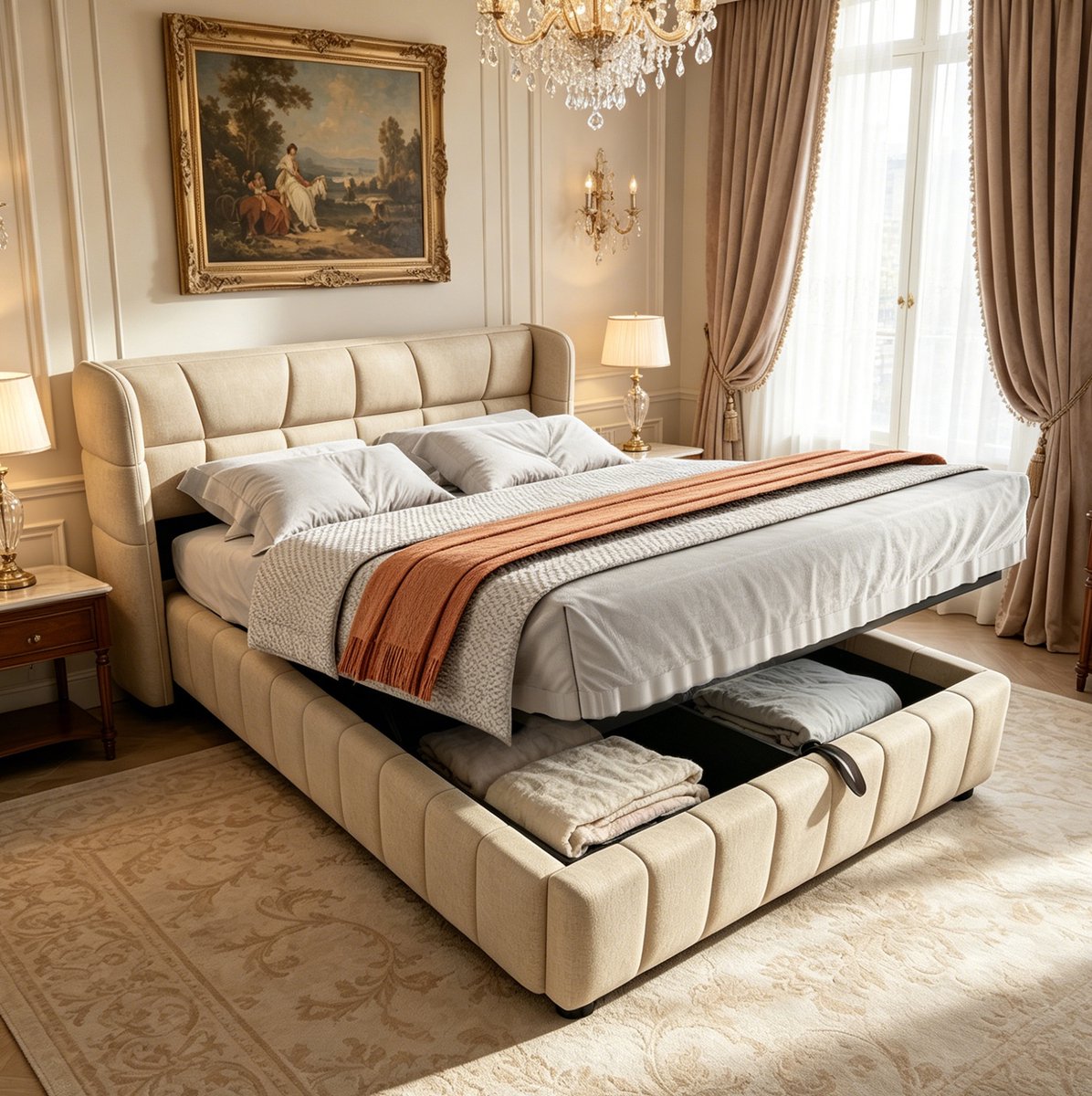 STILVORA Gestoffeerd Bed 140x200 cm – Tweepersoons Opbergbed Met Hefmechanisme – Met Lattenbodem – Voor Slaapkamer – Stof – Beige – Zonder Matras