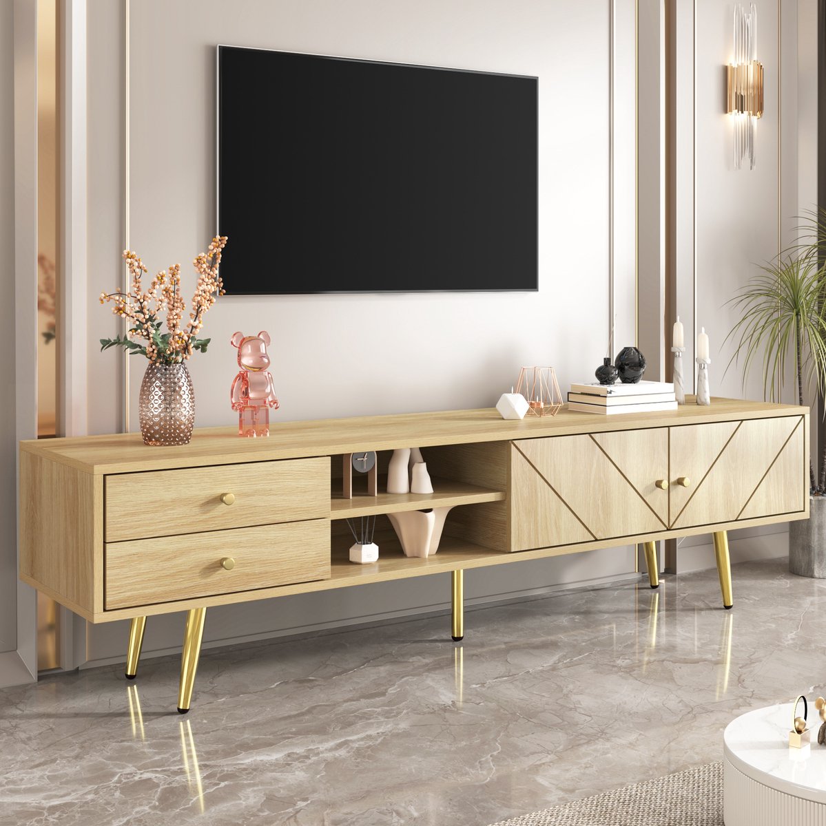 COVREO TV meubel 160 x 36 x 42 cm - 2 lades, 2 deuren, open vakken, houtkleur