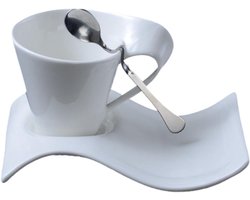Cappuccino Set van 3 Stuks met Golfvormige Witte Mokken, Lepels en Schotels voor Latte en Koffie, Perfect voor Arty Keuken en Ontbijt Accessoires (300ML)