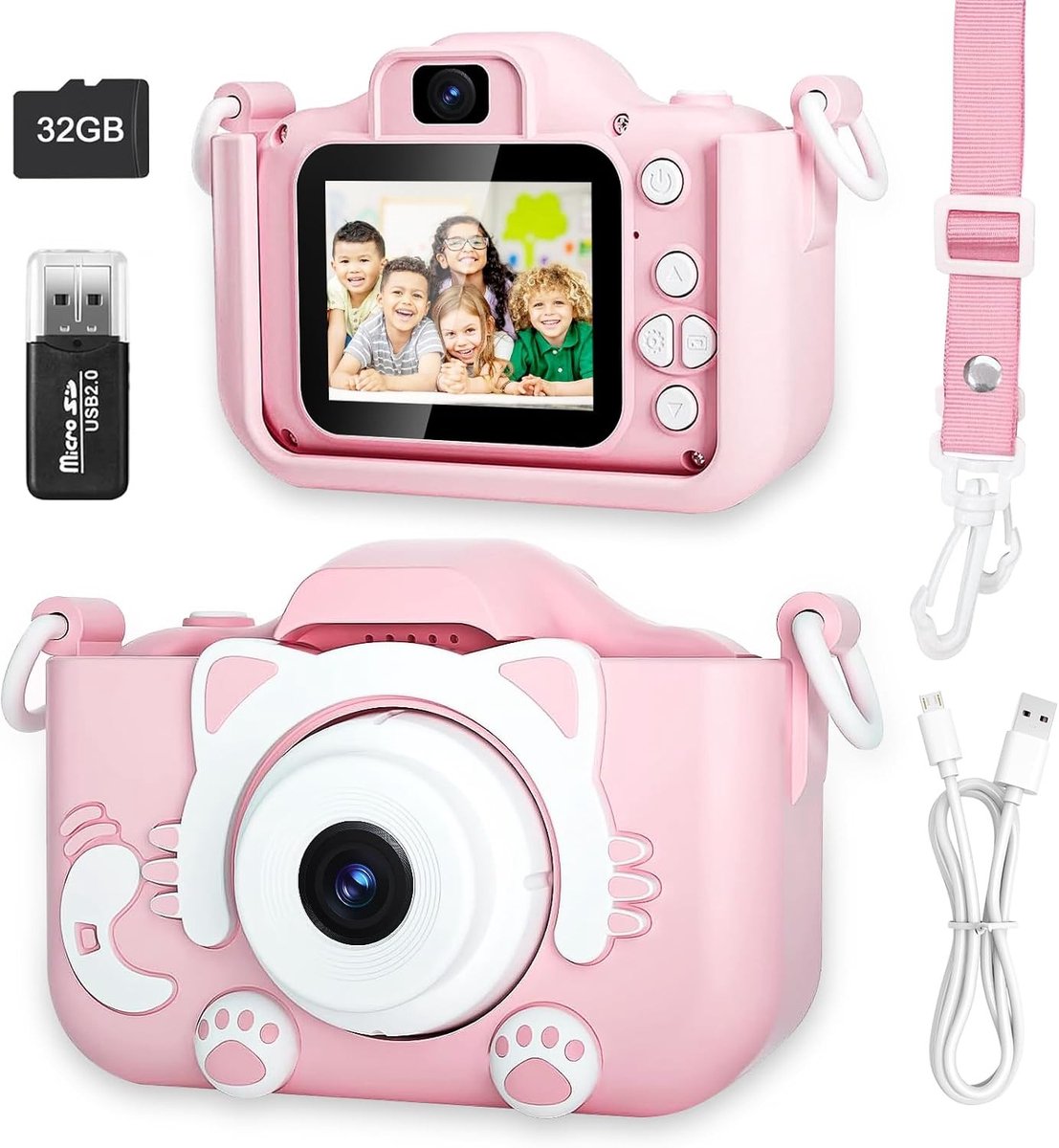 Digitale Kindercamera voor Meisjes van 3-12 Jaar met Dubbele Lens, 32GB SD-Kaart en 1080P HD Video - Perfect Peuter Speelgoed voor Creatieve Foto's en Video's