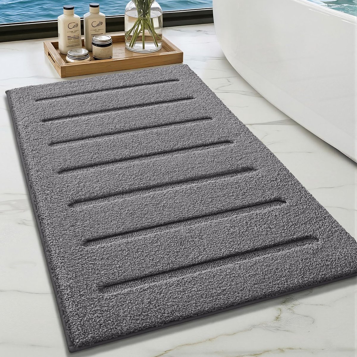 Badmat - antislip - wasbaar - 61 x 92 cm - groot - donkergrijs - zacht - super absorberend badkamertapijt - douchemat buiten