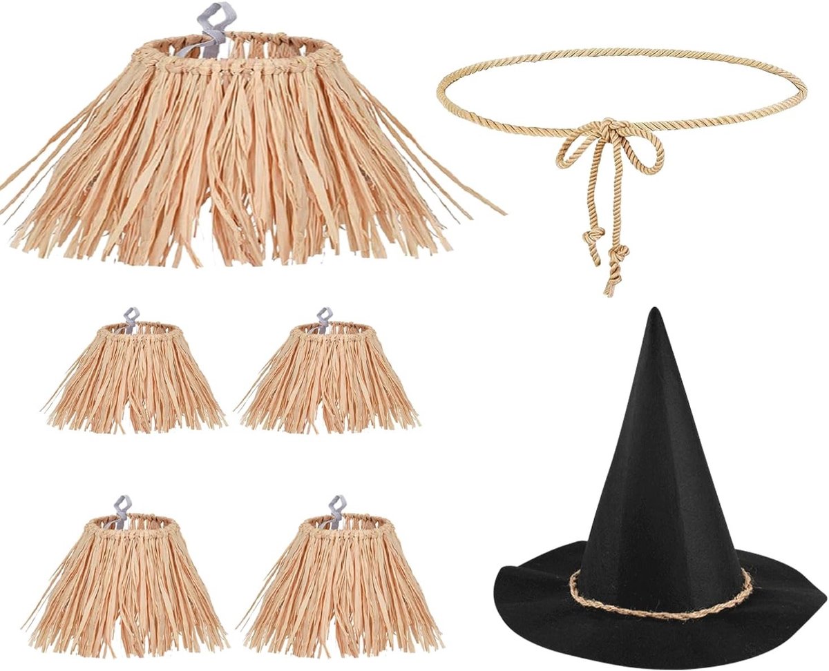 7-delige Scarecrow Kostuum Set voor Volwassenen met Luxe Vilt Hoed, Touw en Raffia - Perfecte Halloween Accessoires voor Mannen en Vrouwen