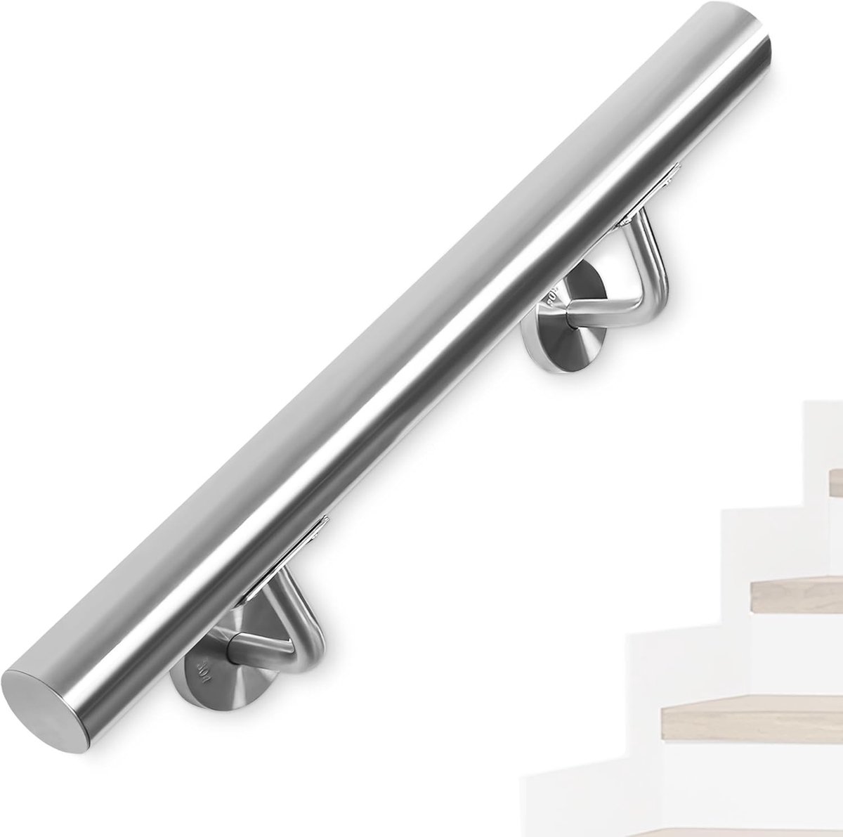 Stainless Steel Trapleuning 50 cm, Wandbevestigde Railing met Steunen, Rond, Diameter 42 mm, Ideaal voor Binnen- en Buitentoepassingen zoals Zolder, Veranda en Garage