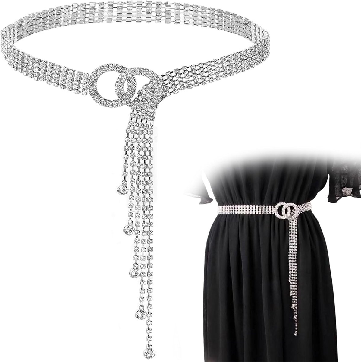 Glitterriem voor Dames - Verstelbare Zilveren Kristallen Ketting voor Avondjurk, Taille tot 135cm - Modeaccessoires voor Dames, Feestelijke Outfit, Glamoureuze Stijl