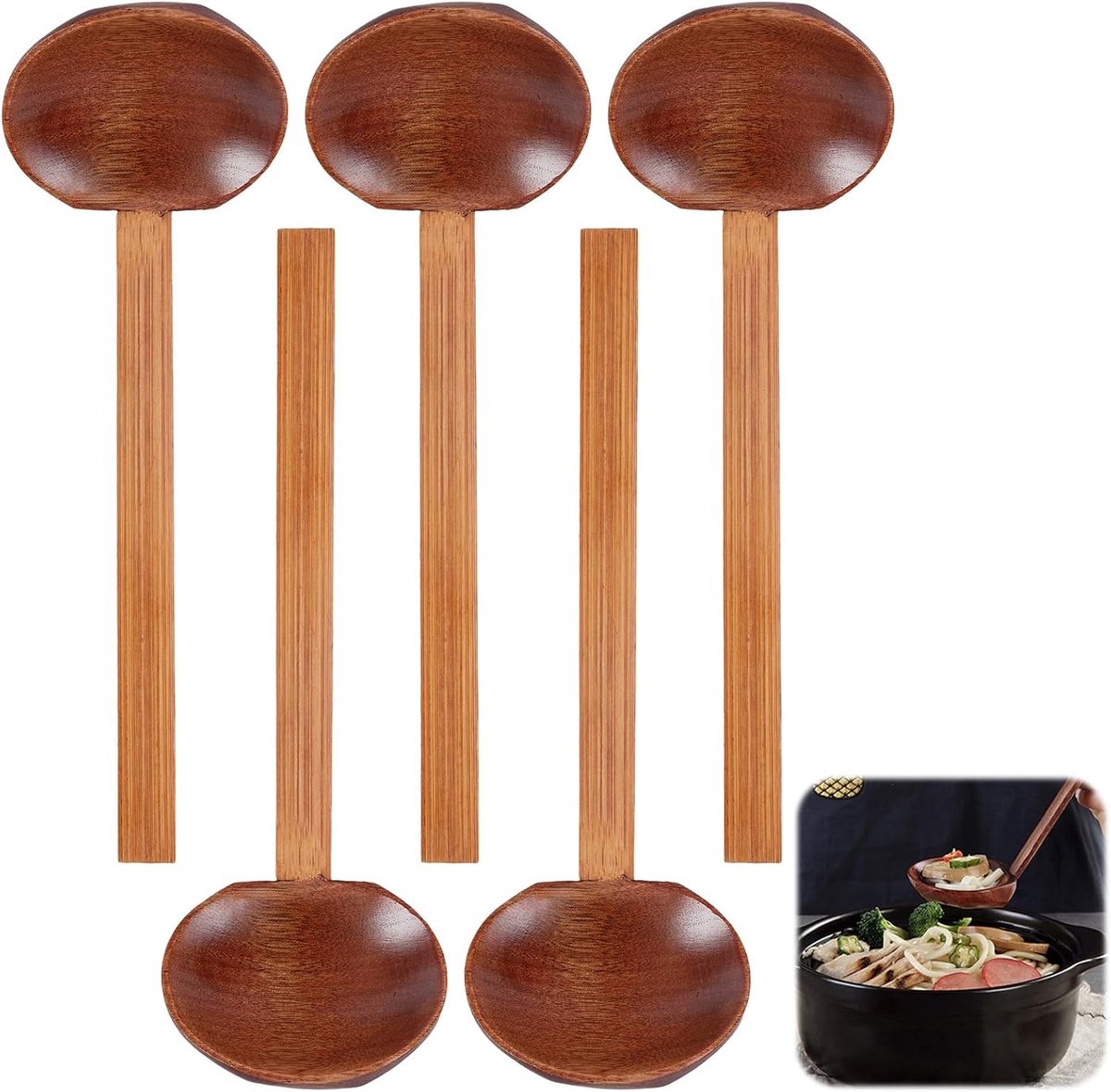 Grote Houten Lepels Set van 5, 22 cm Natuurlijke Soeplepels voor Ramen en Koken