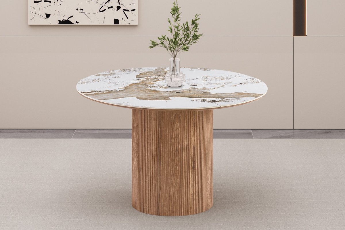 Rousseau Evoria – Uitschuifbare Eettafel – 120-160-200 x 120 cm – marmerlook goudbruin