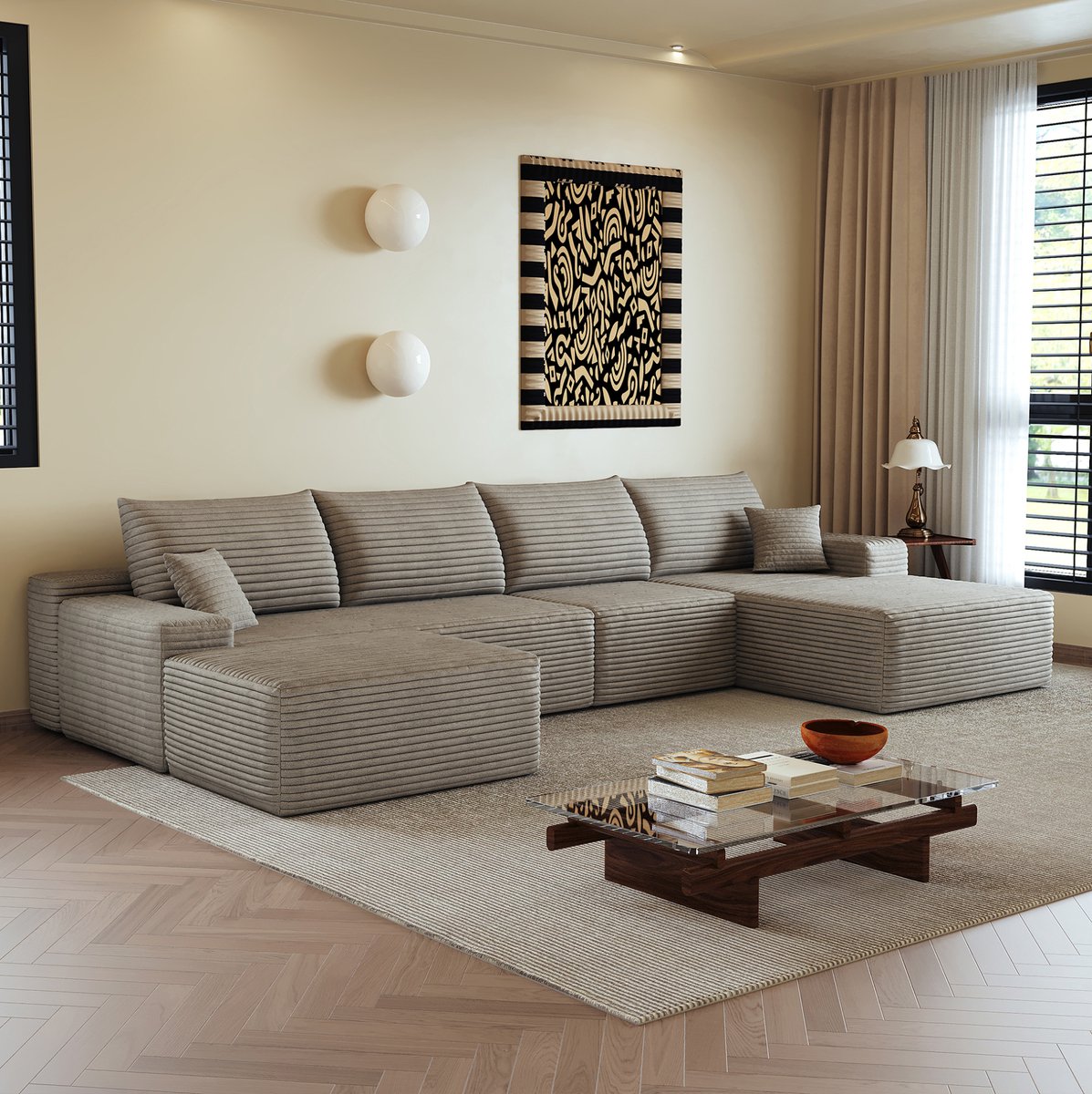 MODENUIT Hoekbank 340 cm - Modulaire L-vormige Chaise Longue - 5-Zits - Voor Woonkamer En Appartement - Stof - Camel
