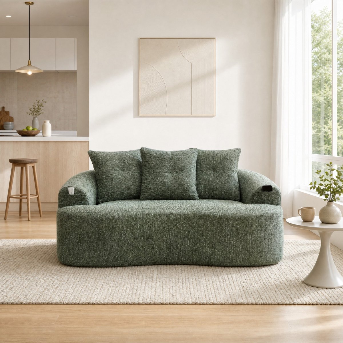 DESMIU Bank - 2-Zits Zitbank - Gebogen Design Met 3 Sierkussens En Comfortabele Vulling - Voor Woonkamer En Kleine Ruimtes - Chenille - Groen