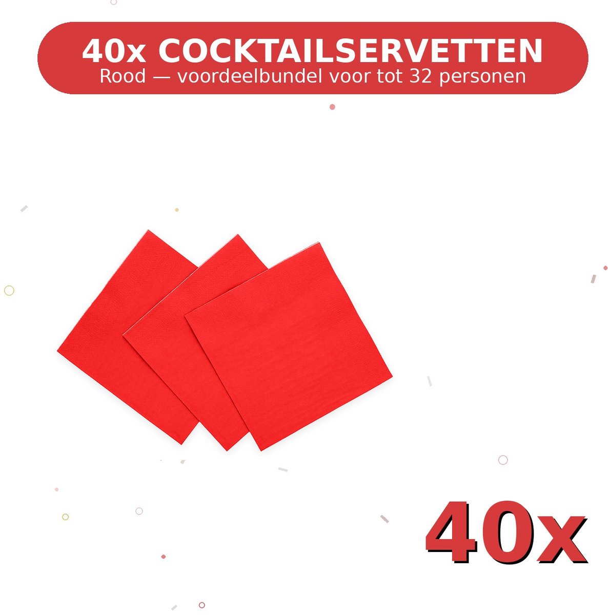 Cocktail servetten 24x24cm FSC Rood - Voordeelverpakking 40 Stuks voor tot 32 Personen - Feestartikelen